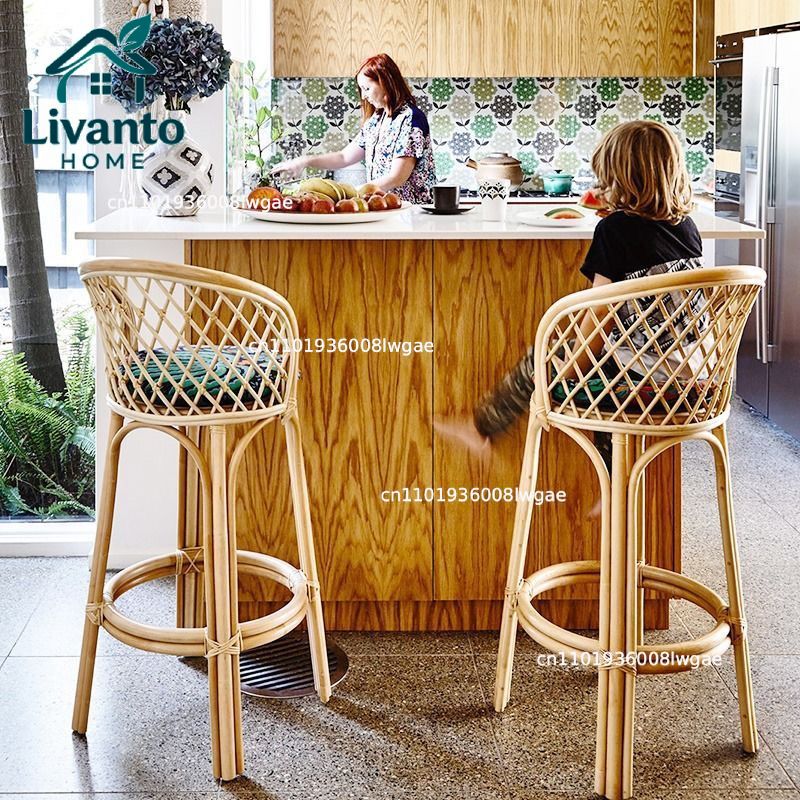 Natural Rattan Bar Stools with - Commercial Kitchen Island ulasan dan harga