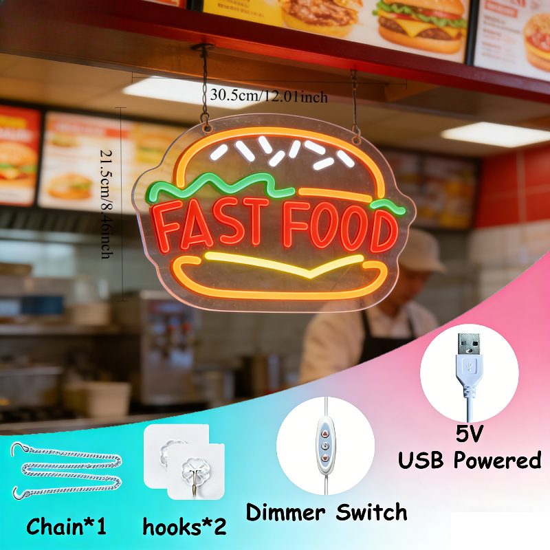 Fast Food Burger Neon Sign Art - Commercial Kitchen Windows ulasan dan harga